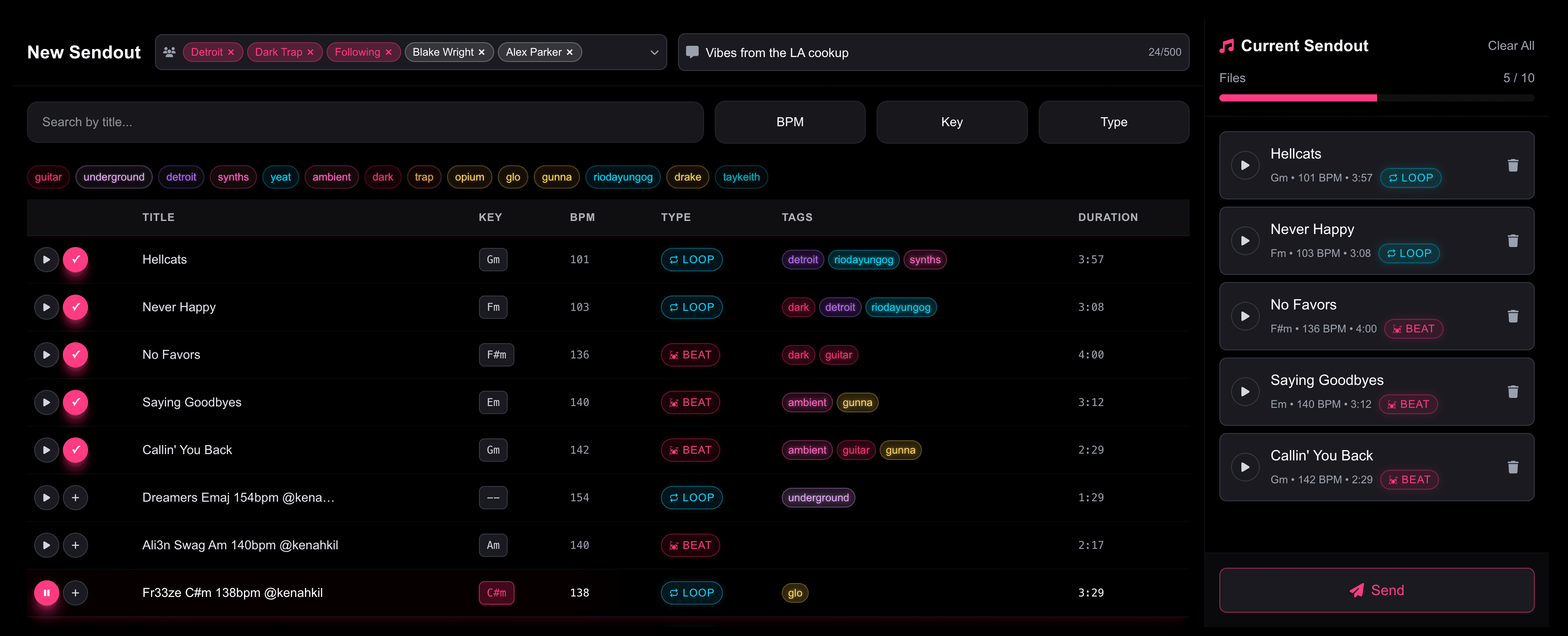 Sendsumn sendout interface